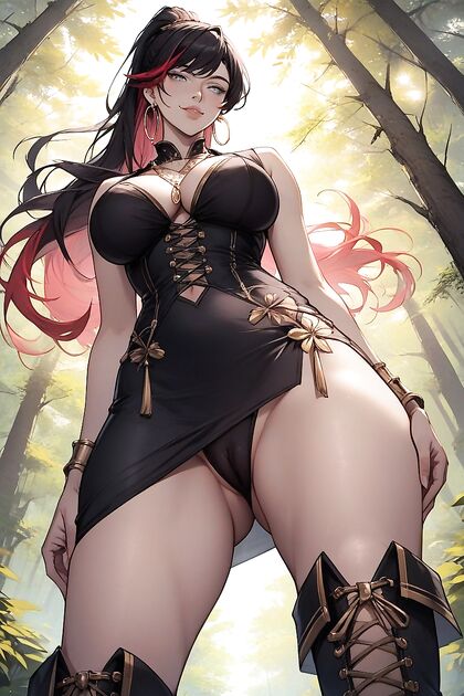 Thick-Thighed Beauty in Black Dress and High Heels seduces in Hentai AI Picture