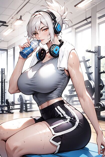 Relaxing Curves – Seductive Woman Holds Water Bottle in Steamy Hentai Image