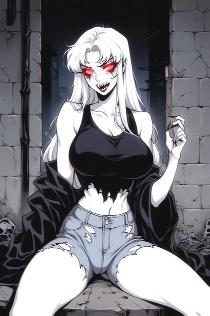 Glowing Red-Eyed Babe with Large Breasts Seduces in a Dark Alley Hentai Image