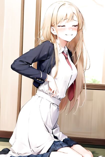 Mischievous Smile and Blush – Kneeling and Squeezing Breasts in Hentai Bliss