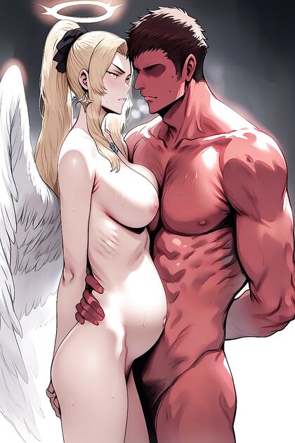Detailed Redskin Devil and Divine Angel Woman in Seductive Side View Hentai Picture