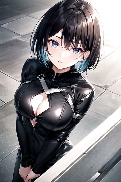 Short-Haired Beauty in Leather Outfit Dominates Top-Down Hentai Images