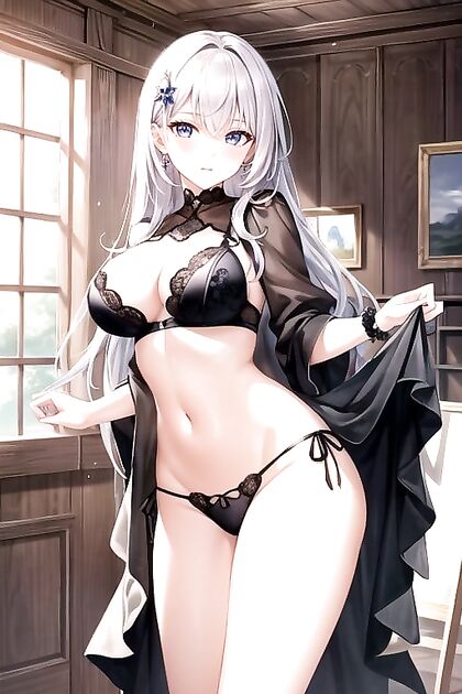 Navy Blue Outfit, Belly Button Showing in Seductive Hentai Solo Image
