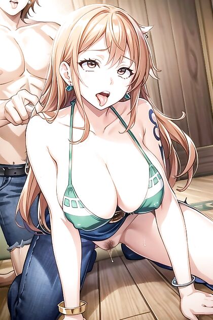Nami from One Piece Shows Off Her Ahegao in Front View Hentai Images