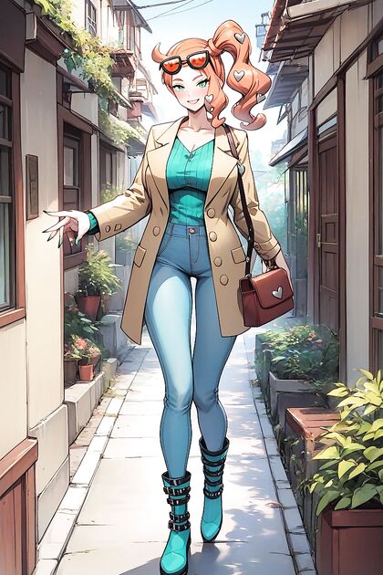 Girl 18+ with Green Shoes and Side Ponytail Teases in Coat for Steamy Hentai Images