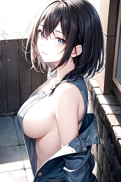Short-Haired Babe in Denim Jacket Shows Off Side Boobs in Steamy Hentai Image