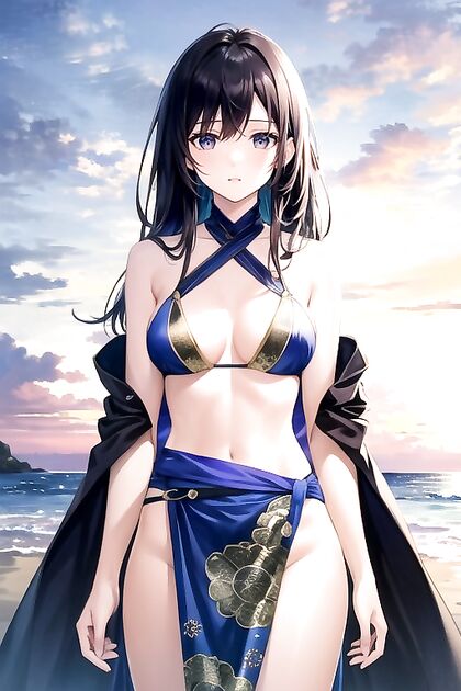 Beachside Blue Hour – Sensual Waist Shots in Steamy Hentai Picture