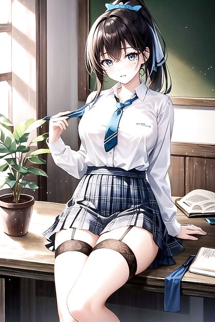 Seductive Miniskirt and Lace Trimmed Legwear with Sparkling Jewelry in Hentai Picture