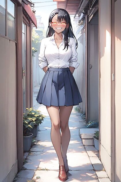 Blushing and Smiling Mischievously in Full-Body Dressed Hentai AI Porn