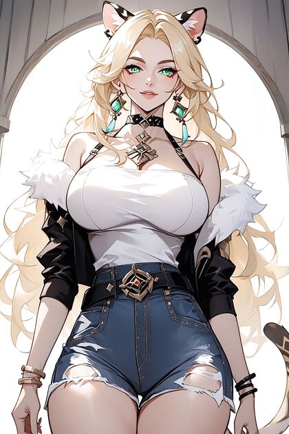 Long-Haired Beauty in White Top and Black Choker with Ocelot TailΗentai Pleasure