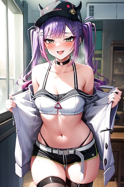 Mischievous Tokoyami Towa Smiles and Blushes with Her Navel Exposed in Horny Hentai Picture