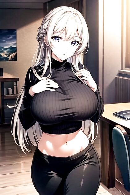 Blonde With Massive Fake Tits in Black Turtleneck and Leggings Stands Tall in Hentai Picture