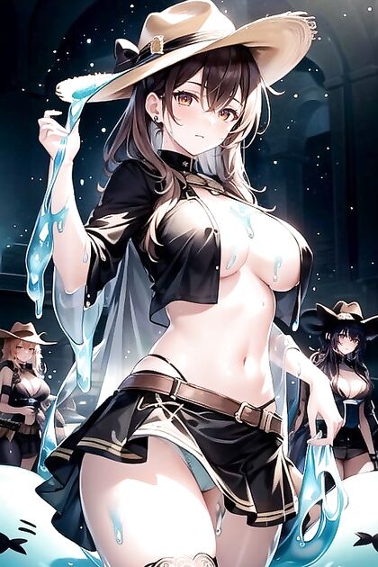 Blonde With Massive Fake Tits in Black Turtleneck and Leggings Stands Tall in Hentai Picture