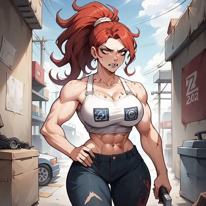 Fit Girl 18+ with High Ponytail Gets Dirty in Oil-Stained Hentai Picture
