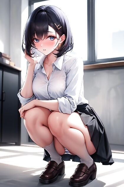 in Pleated Skirt and Collared Shirt Stares Seductively at You