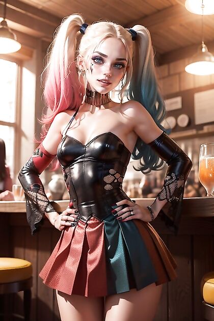 Harley Quinn from Batman Poses provocatively with Hands on Hips in hentai ecstasy