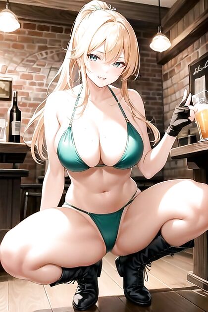 Squatted Muscular Babe Shows Off Perfect Medium Breasts in Hentai Picture