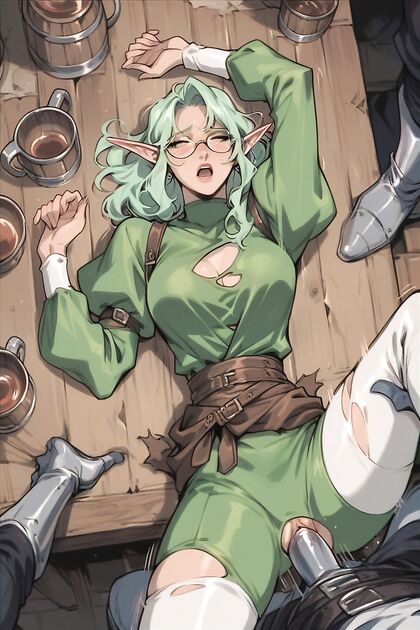Green-HairedElf's Clothes Torn, Laid Out on Table for Steamy Hentai Picture