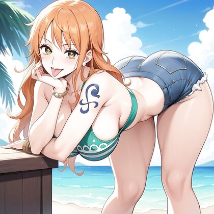 Bend Over in Jean Shorts with a Smiling Mouth Wide Open Hentai Images