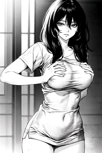 Oversized T-Shirt on Small-Ass Girl 18+ in B&W Manga Style Hentai Picture