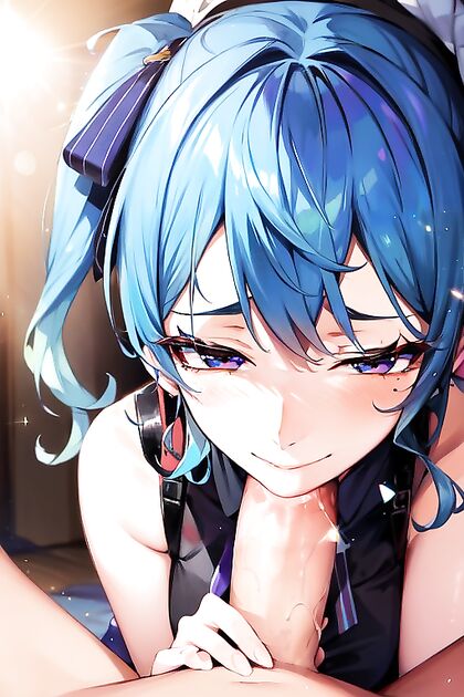Mischievously Smiling and Blushing During a Detailed Hentai blowjob Image