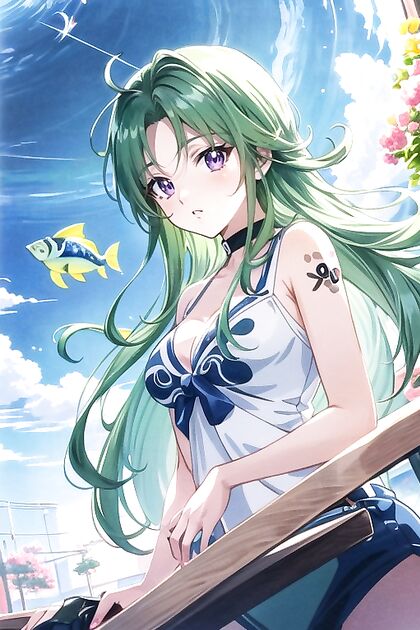 Green-Haired Beauty with Purple Eyes Seduces in Front View Hentai Picture