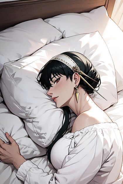 Lying in Bed Sideways in White Pajamas for Seductive Hentai Pleasure