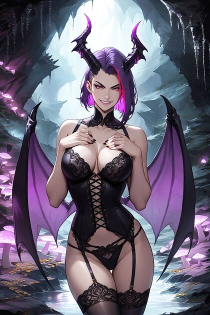 Seductive Demon With Medium Breasts and Black Horns Tempts You in Hentai AI Picture