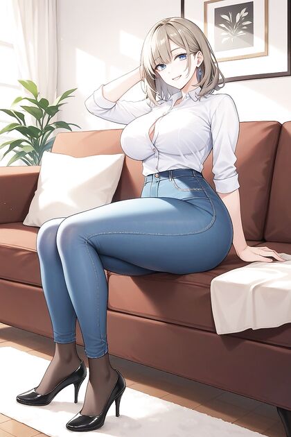 Full Body Hentai Picture with Opaque Pale Brown Pantyhose on the Couch