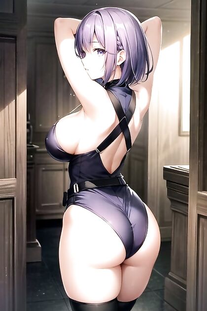 Purple-Haired Beauty Shows Off Natural Breasts with Arms Raised in hentai Bliss