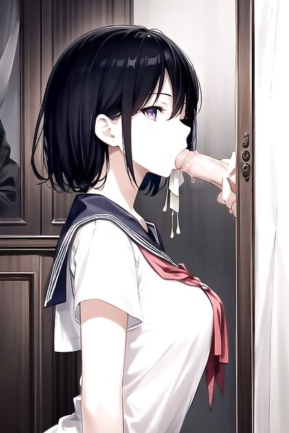 SailorUniform Teen 18+ with Purple Eyes Gives a Mouth-Watering Blowjob