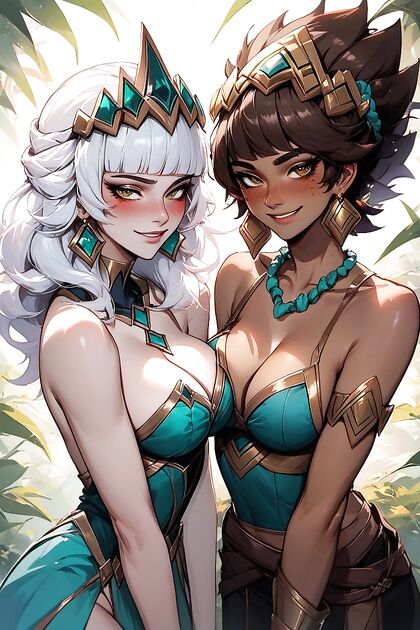 Taliyah and Qiyana Stand Close, Smirking and Blushing in Naughty Hentai Images