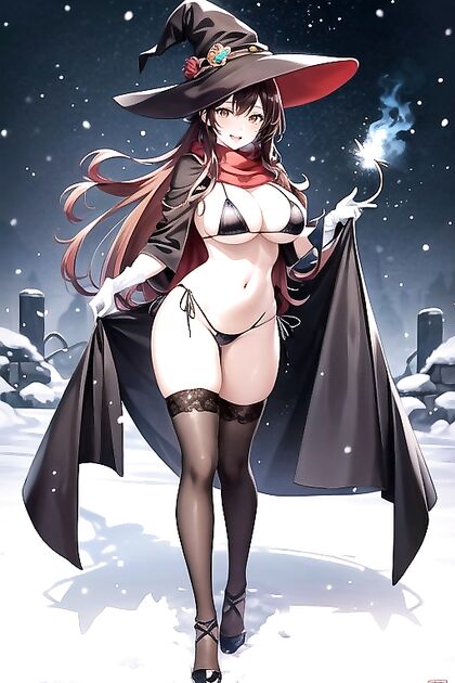 Red-Haired Beauty in Nylon Gloves Enjoying Snowy Hentai Pleasure