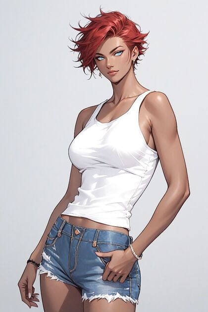 Red-Haired Model with Very Short Hair in Seductive Hentai Images
