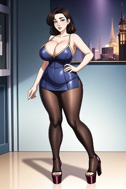Thick Chunky Legs and Plump Tits Nearly Bursting From Top in Horny Hentai Image