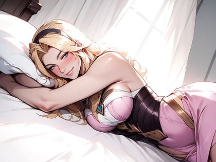 Luxanna Crownguard Smirking and Blushing in Seductive Bedside hentai Picture