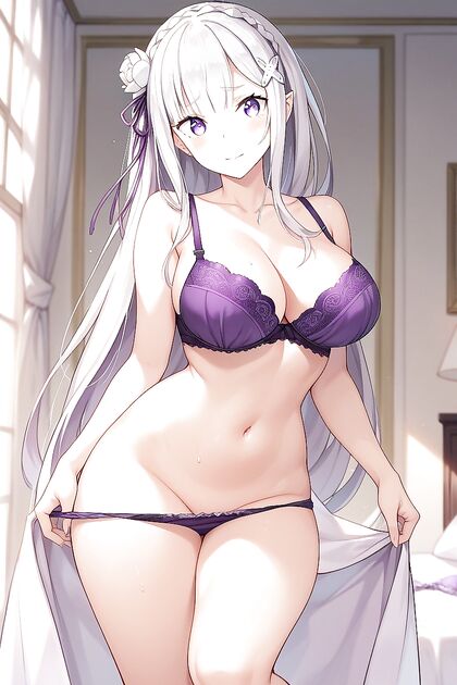 Emilia from Re –Zero Teased in Purple Lingerie with Panties at Her Knees