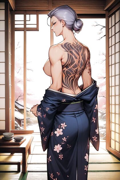 Tattooed Beauty Undresses in Kimono for Sensual Hentai Pleasure