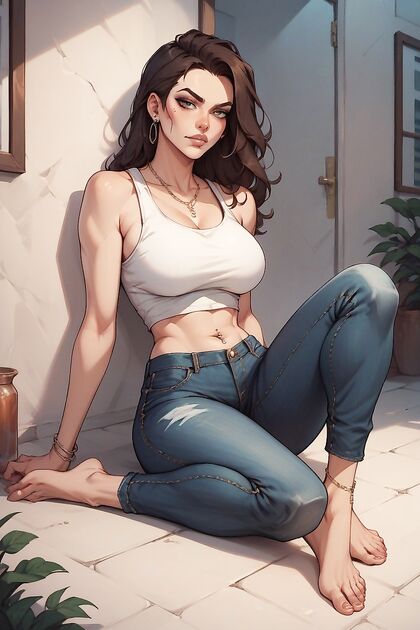 Fit Brunette with Round Boobs and Belly Piercing in Puma Tank Top