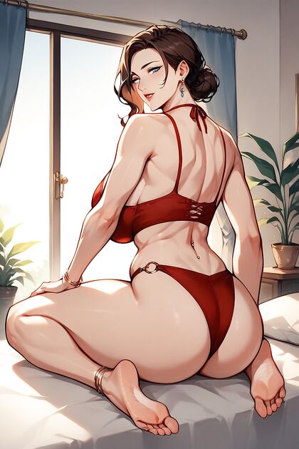 FitBrunetteinRedBikiniSitsonBedwithFirmAssandRoundBoobsHentaiAIPorn