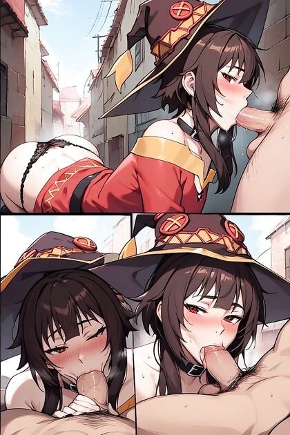 Megumin from Konosuba Gives a Sweat-Drenched Blowjob to African Man in Alley, Dress Pulled Up