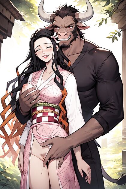 Nezuko Kamado from Demon Slayer Fingers ly Near Minotaur in Hentai AI Picture