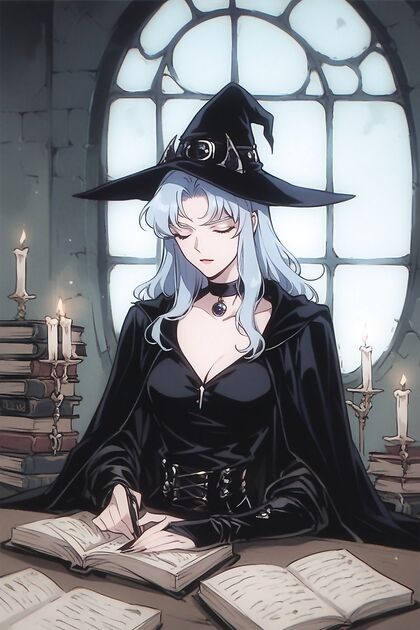 Studying Late at Night with Long Sky Blue Hair in Candlelit Hentai Bliss
