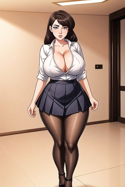 Tight Miniskirt and Excessive Cleavage in Stand-Up Hentai Picture