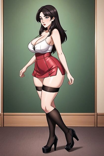MILF With Boobs Nearly Bursting From Her Top in Tight Microskirt Hentai Picture