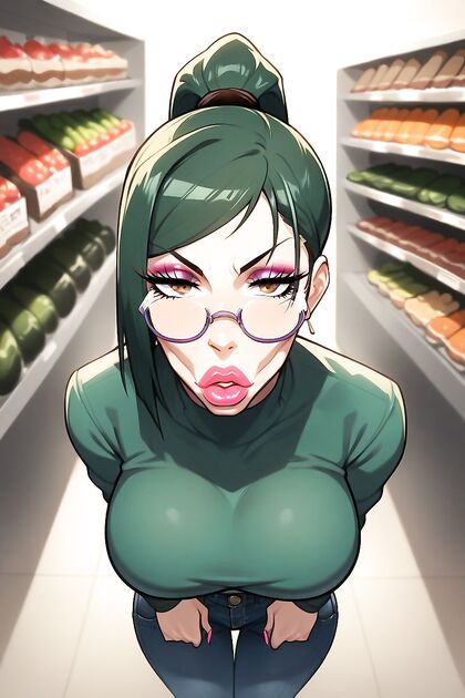 Huge-Assed Babe with Round Boobs and Dark Green Hair in Seductive Hentai Picture
