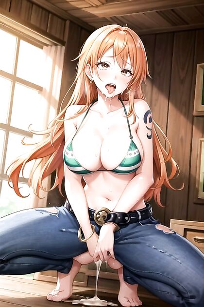 Nami from One Piece Shows Off Her Ahegao While Squatting in Horny Hentai Images