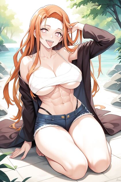 Smiling Girl 18+ with Abs and Jean Shorts Shows Off in hentai Picture