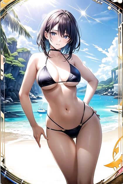 Busty Beach Babe Poses with Hands on Hips in Seductive Hentai Picture