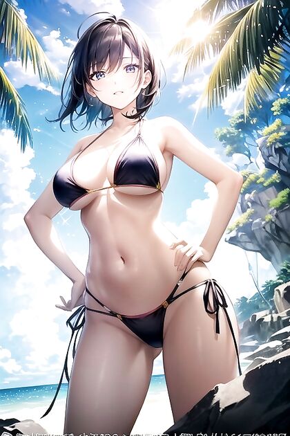 Beach Babe in Slingshot Bikini Poses Seductively for Hands-On Hentai Fun